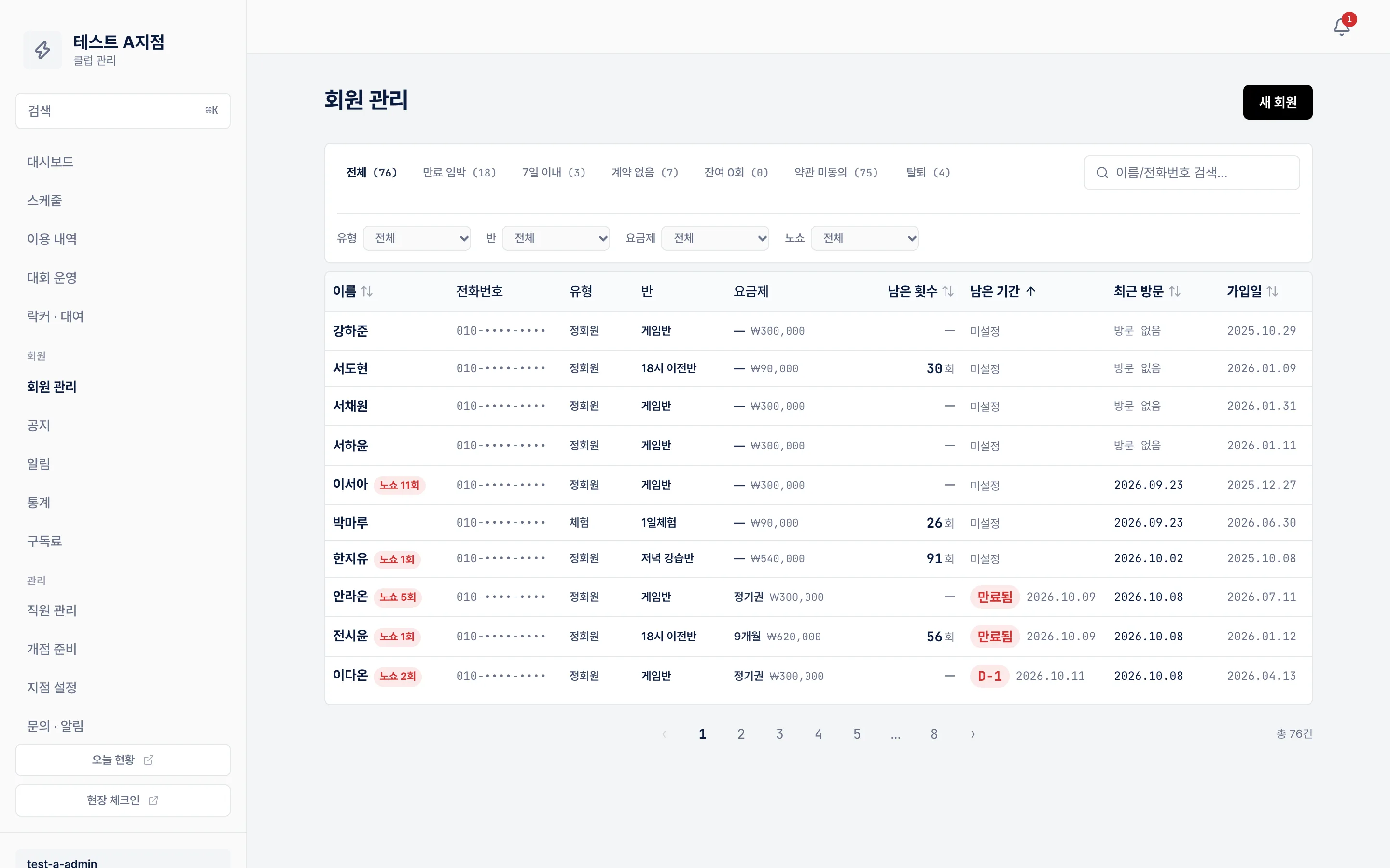 회원 관리 — 이용권, 남은 횟수와 기간