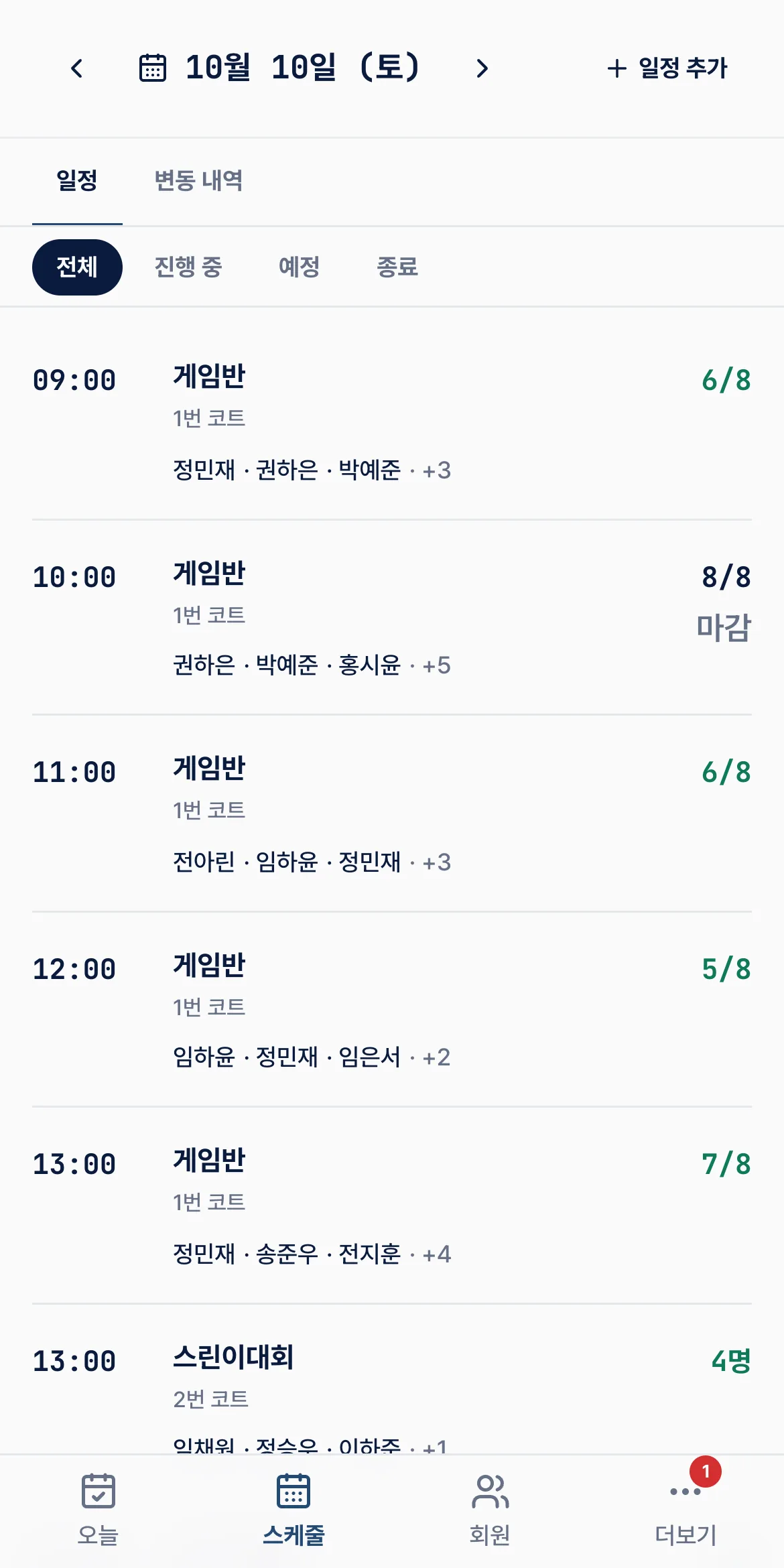 직원용 모바일 — 오늘 현황과 시간대별 예약자 명단